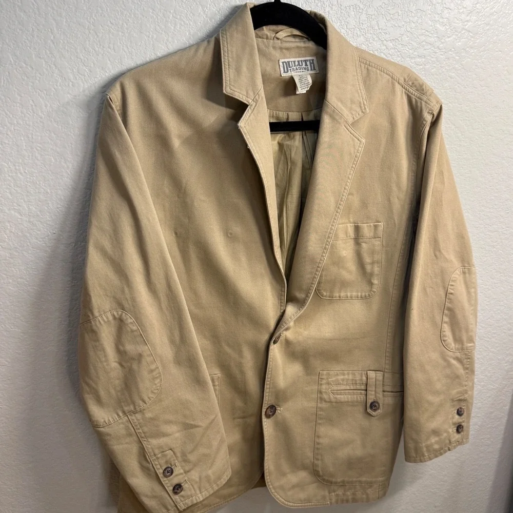 Duluth Trading Co Mens 2XL Khaki Cotton Canvas Blazer Chore Coat Elbow Patches